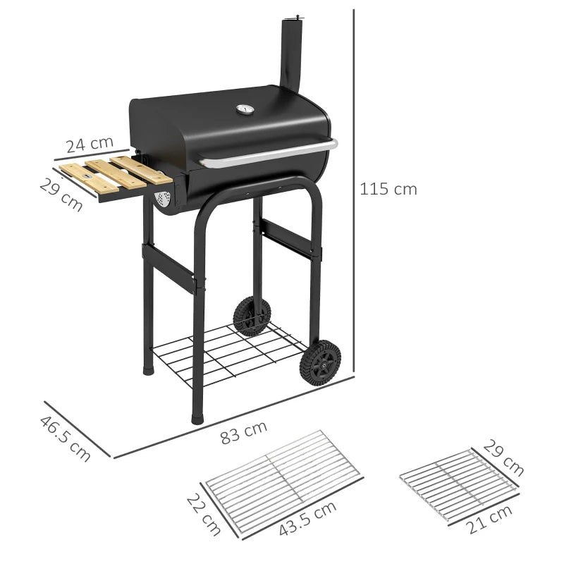 Charcoal BBQ Grill with Thermometer, Shelves, and Wheels - Black