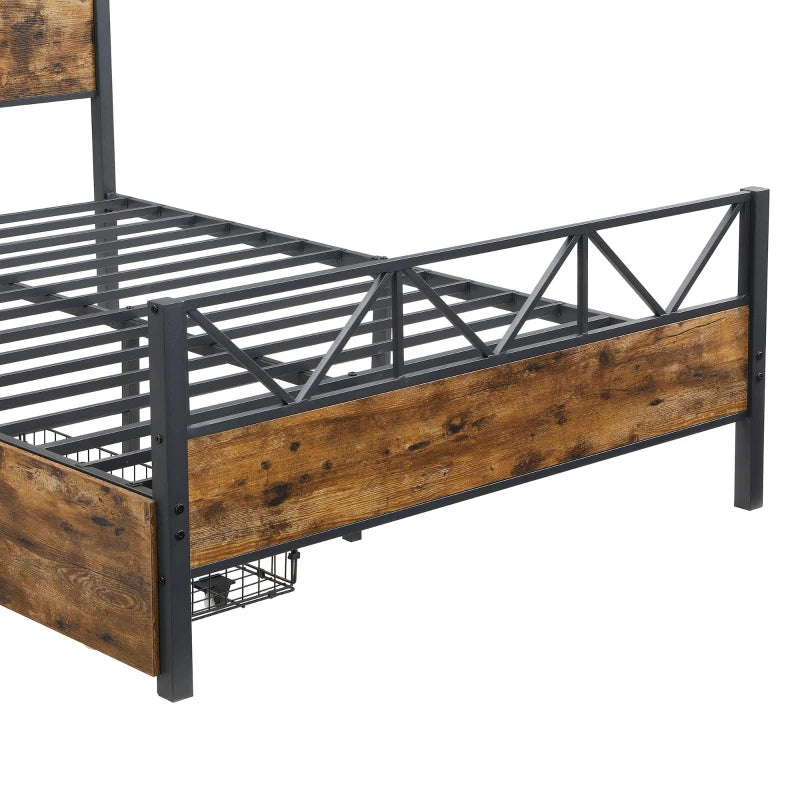 Sturdy Metal Double Bed with 2 Storage Drawers - Iron Frame & MDF, Black, 198L x 137W x 116H cm for Adults & Teens