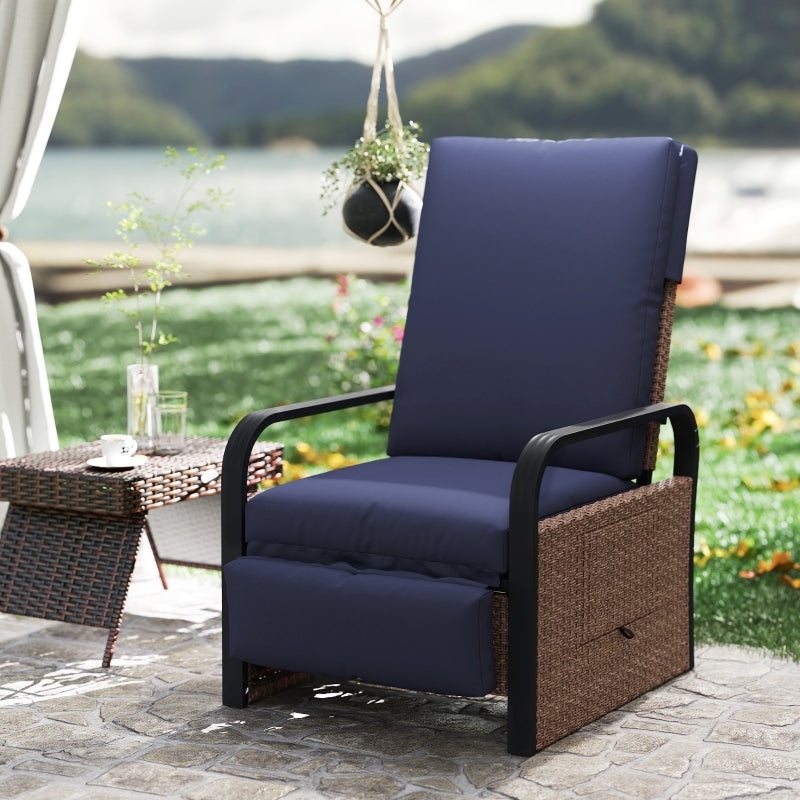 140° Reclining Rattan Armchair - Comfortable Brown and Blue Outdoor Lounge Chair