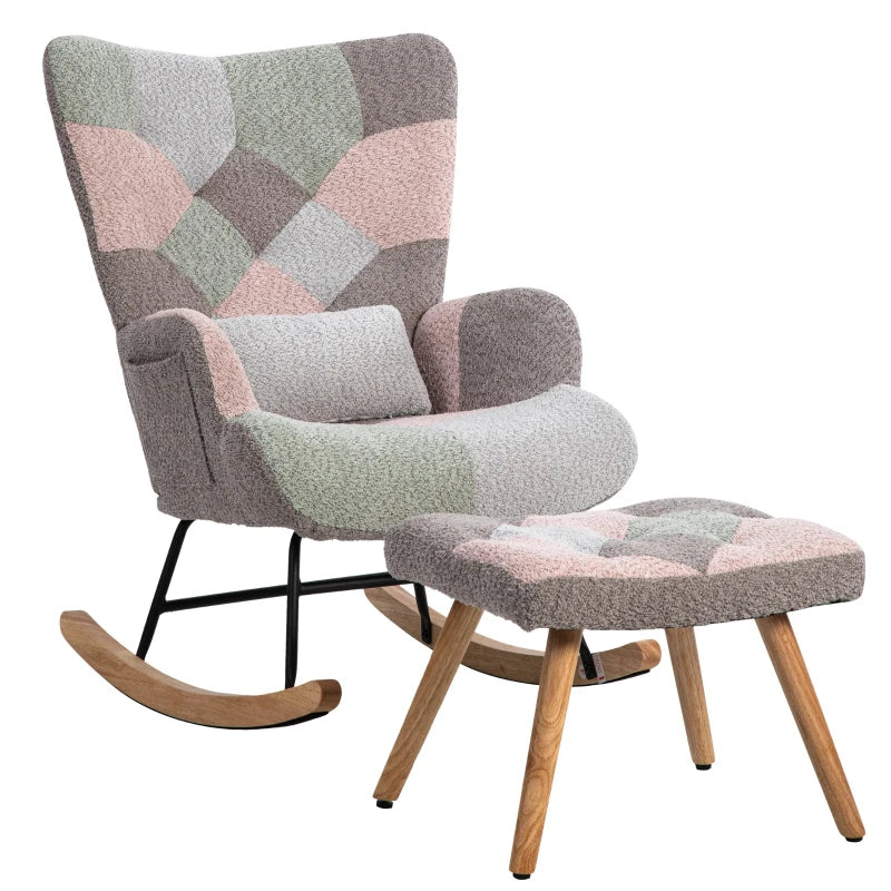 Stylish Rocking Garden Chair Set with Footstool and Pillow, Wingback Design, Solid Wood Legs, Blue and Grey