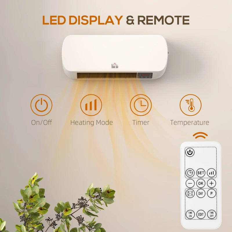 2000W Wall Mounted Ceramic Space Heater with Adjustable Temperature Range 10-49°C White