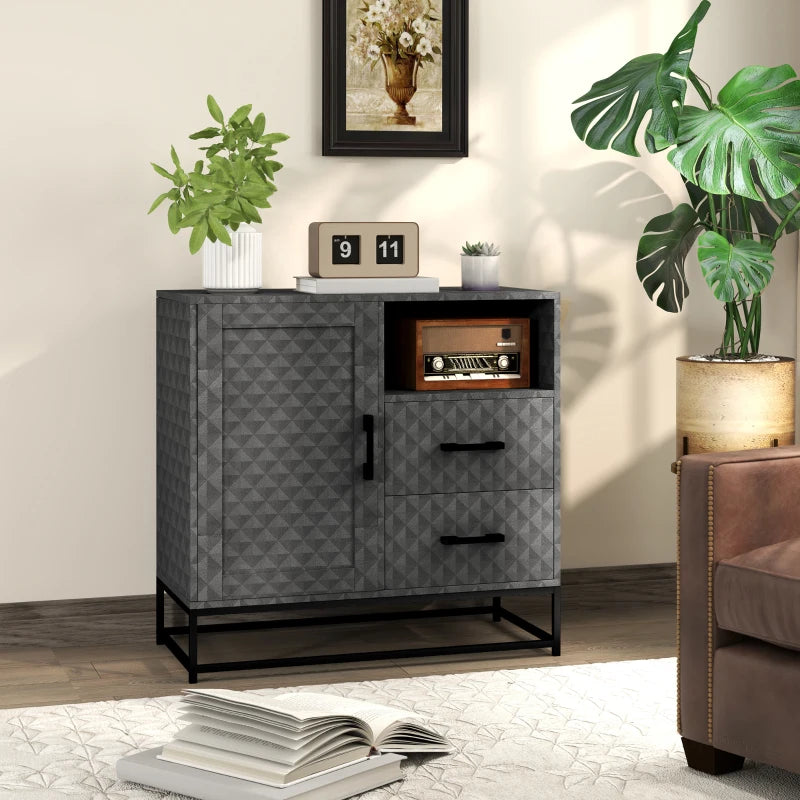 Modern Grey Sideboard Storage Cabinet with Adjustable Shelf, Open Compartment & 2 Drawers - Freestanding Furniture for Living Room
