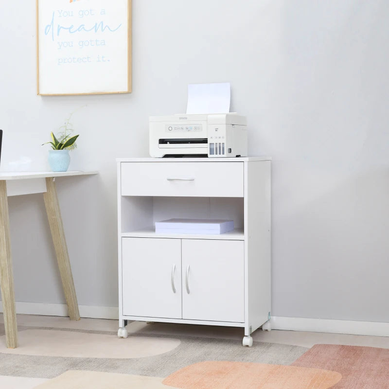 Vinsetto Mobile Printer Stand with Storage Drawer & Open Shelf - Home Office Cabinet, 60cm x 39cm x 80cm, White