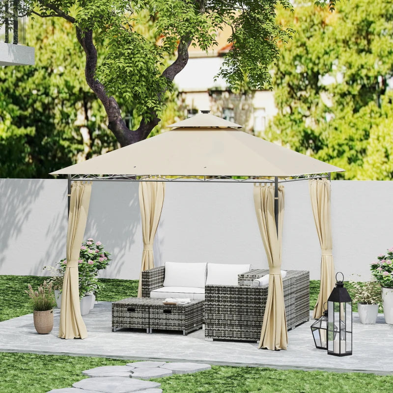 3m x 3m Beige Garden Gazebo with Double Roof, Metal Frame, Curtains & Solar-Powered LED Lights - Outdoor Canopy Shelter for Patio & Decking