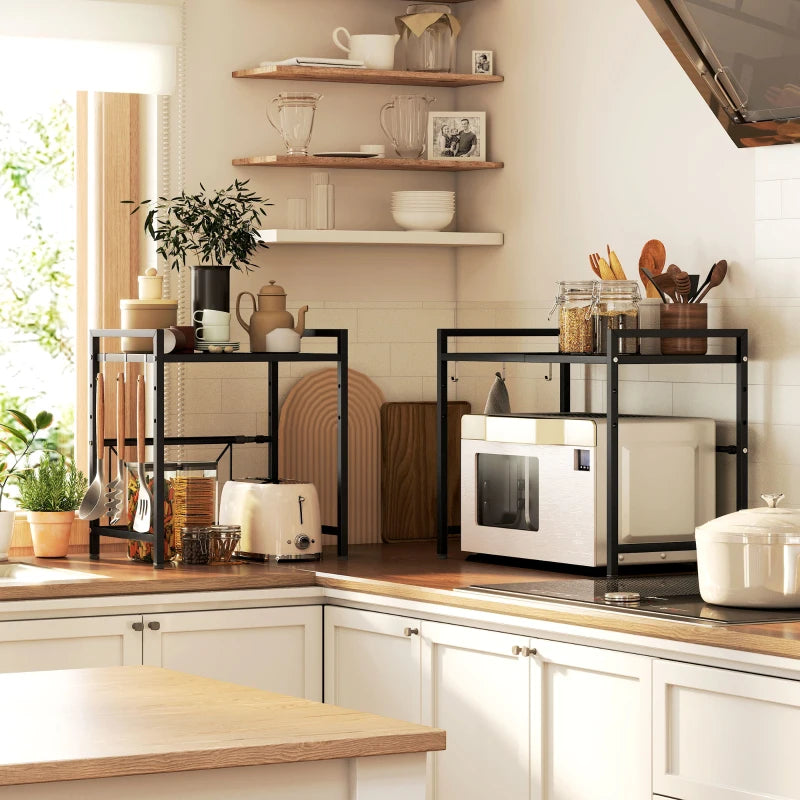 Expandable Microwave Oven Rack with 3 Hooks - Space-Saving Kitchen Organizer, Black - Perfect for Small Spaces