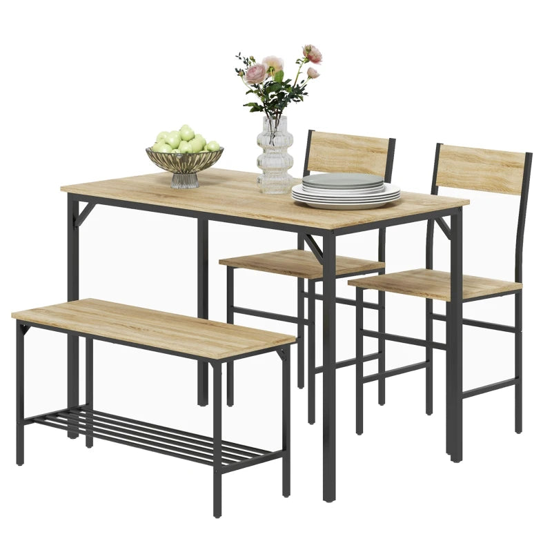 Square Dining Set for 4 - Natural Wood Effect Table, Chairs & Bench Included - Stylish & Durable Furniture