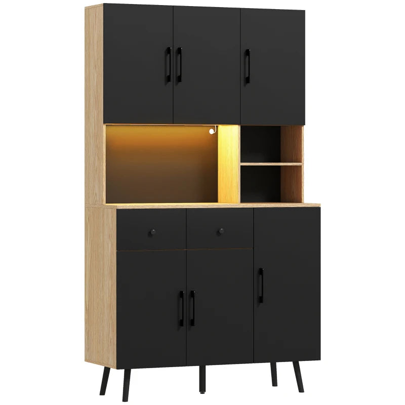 176 cm Modern Kitchen Cupboard with LED Lights - Stylish Oak and Black Storage Solution for Home