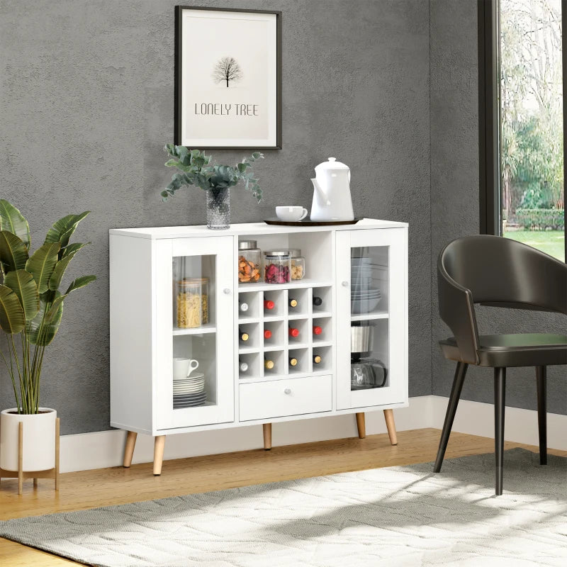 Modern White Sideboard Storage Cabinet with Glass Doors, Drawer & 12-Bottle Wine Rack for Kitchen, Dining & Living Room