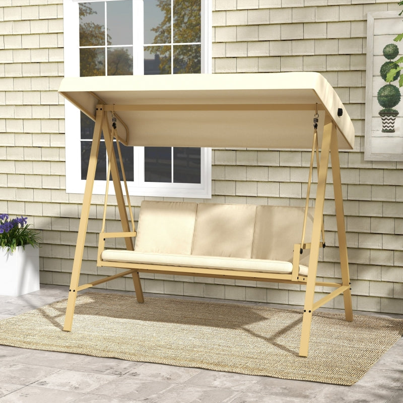 Beige 3-Seat Garden Swing Chair with Adjustable Canopy
