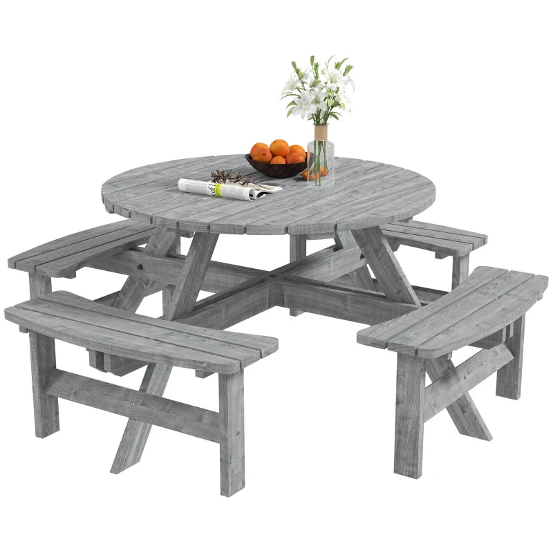 Grey Fir Wood 8-Seater Wooden Picnic Set - Slatted Tabletop - Suits 8 People