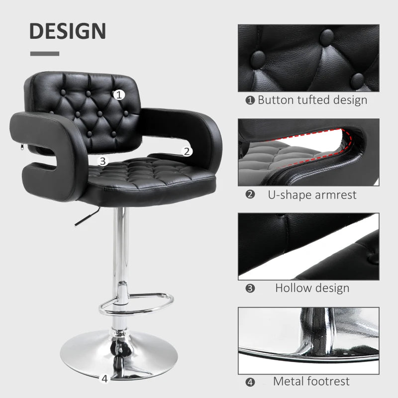 Height Adjustable PU Leather Swivel Bar Stool with Back Armrest and Footrest in Black