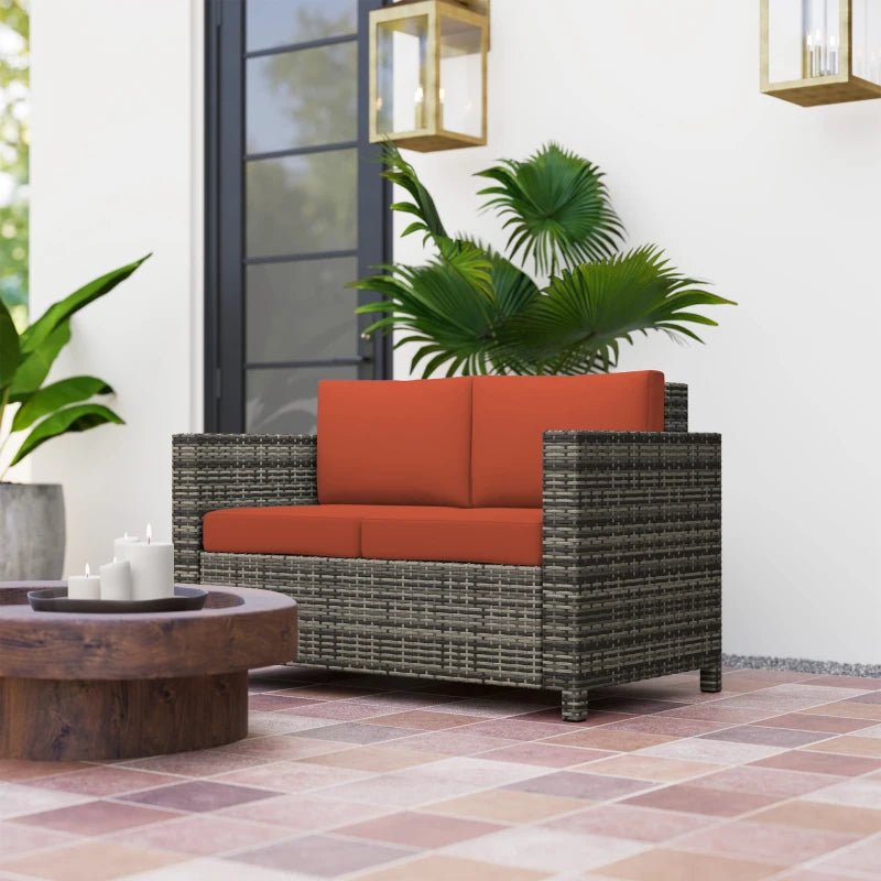 Stylish Rattan 2 Seater Sofa with Soft Cushions for Outdoor Patio Furniture Grey