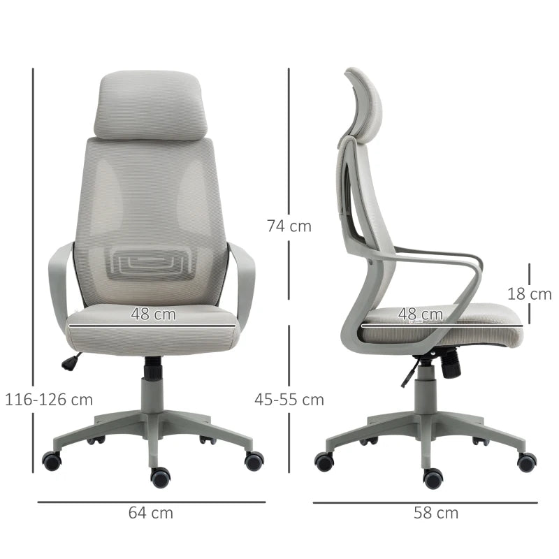 Vinsetto Ergonomic High Back Office Chair - Mesh Desk Chair with Lumbar Support, Adjustable Headrest & Height, Grey