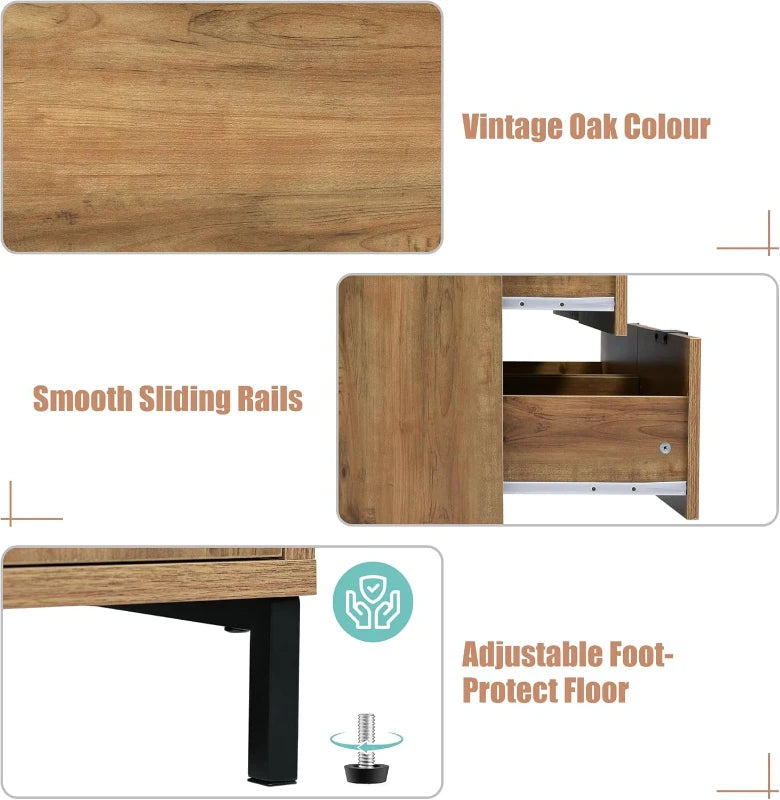 Dark Oak Sideboard Cabinet with Storage Drawers & Metal Handles - Wooden Chest for Living Room & Bedroom, 120x40x76 cm