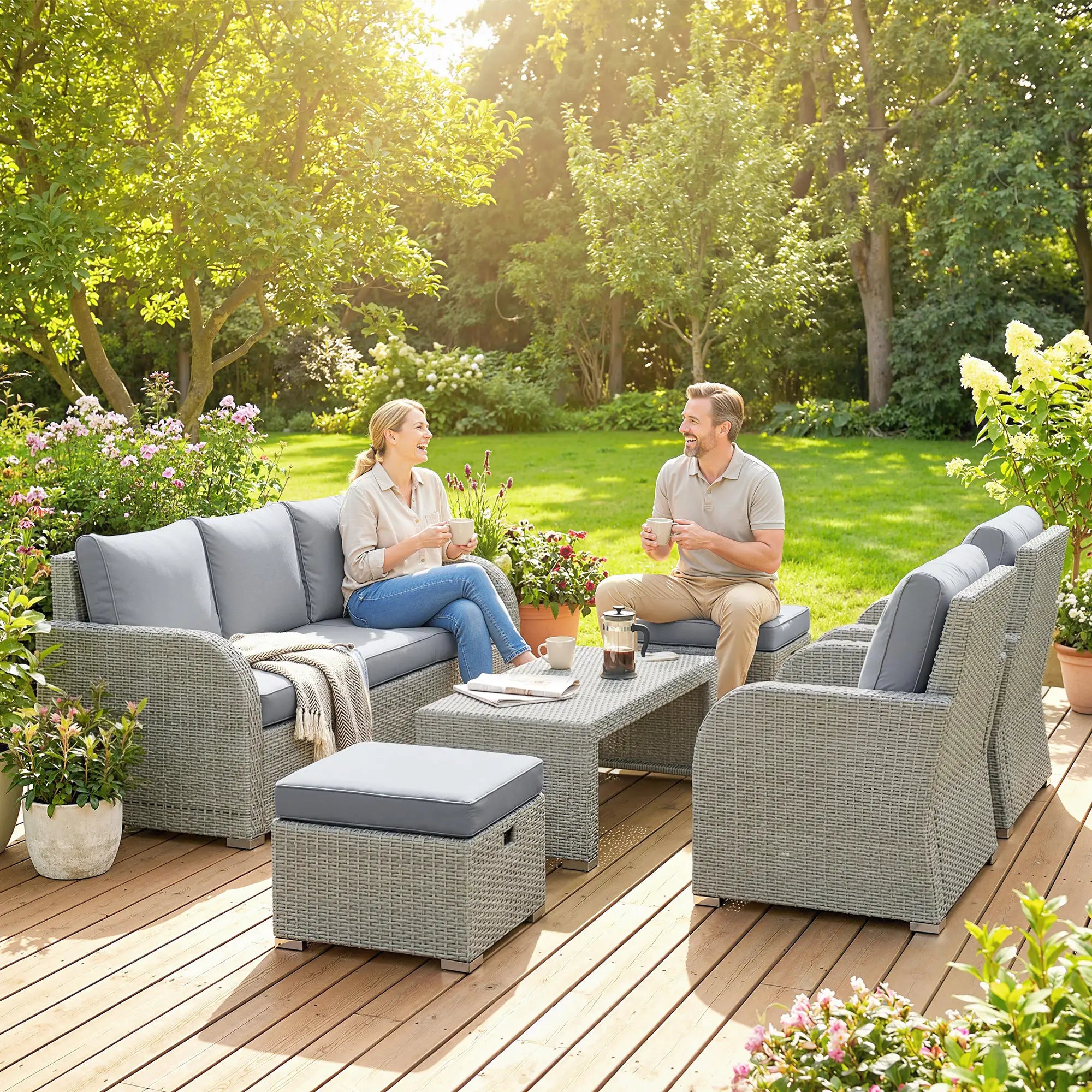 Dark Grey 6-Piece Rattan Garden Lounge Set with Reclining Armchairs, Hidden Footstools & Coffee Table