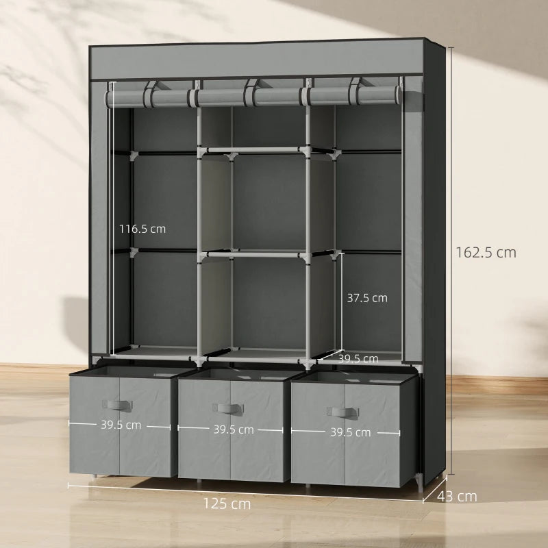 Portable Fabric Wardrobe with Shelves and Hanging Rails for Bedroom Storage Light Grey