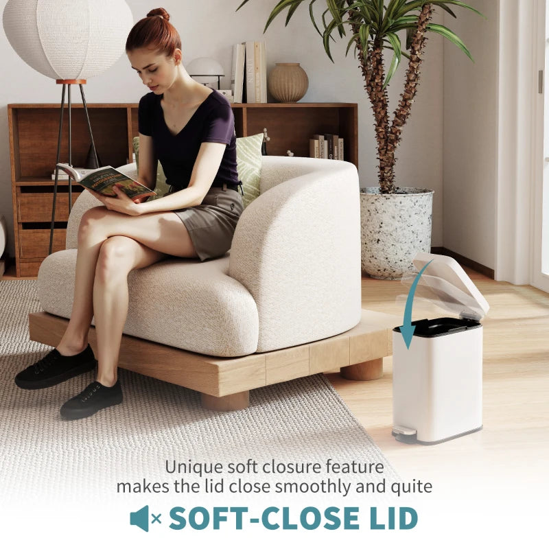 5L Rectangular Compact Steel Trash Can with Removable Bucket & Quiet-Close Lid - Ideal for Home, Office, Bathroom, Living Room - Clean White