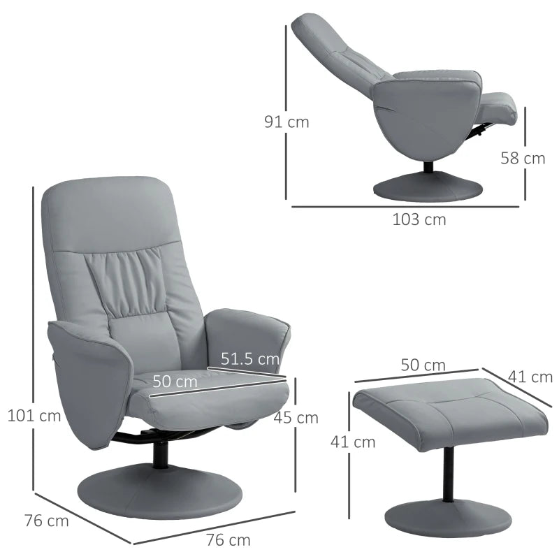 Light Grey Swivel Recliner Chair with Footstool – PU Leather Armchair and Ottoman for Living Room Comfort