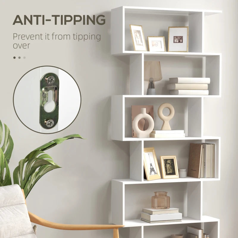 6-Tier S-Shaped Bookcase - Modern White Storage Unit & Display Shelf for Living Room, Bedroom, Home Office, Plants