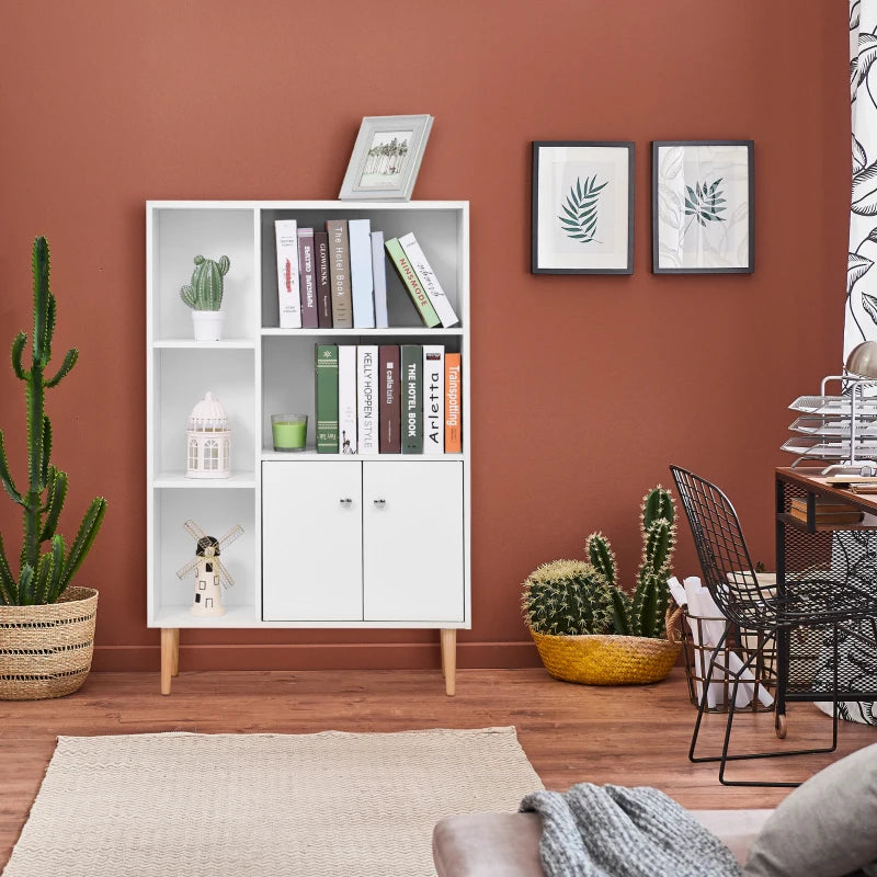 Modern White Sideboard Storage Cabinet with 2 Doors & 5 Compartments - Stylish Wooden Bookcase for Living Room, Bedroom, Kitchen - 80x23x123 cm