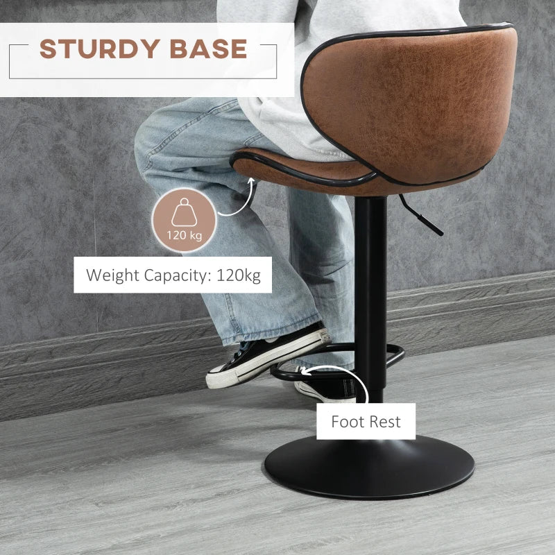 Adjustable Height Bar Stool Set of 2 - Brown Microfiber Swivel Armless Chairs for Kitchen & Dining