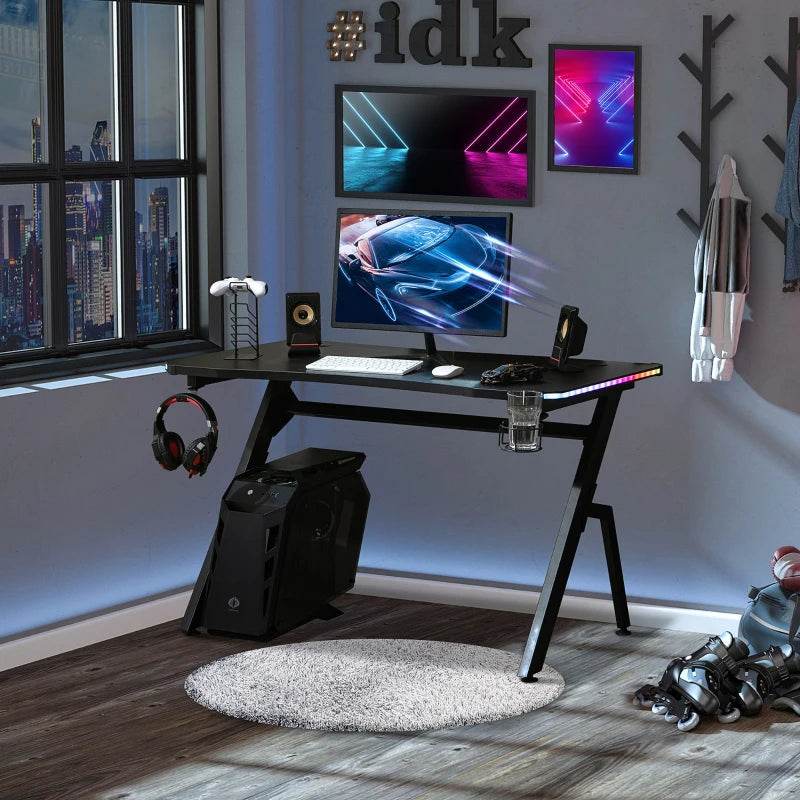 RGB Gaming Desk 120x66cm - Carbon Fibre Surface, Headphone Hook, Cup Holder & Controller Rack - Black Home Office Table