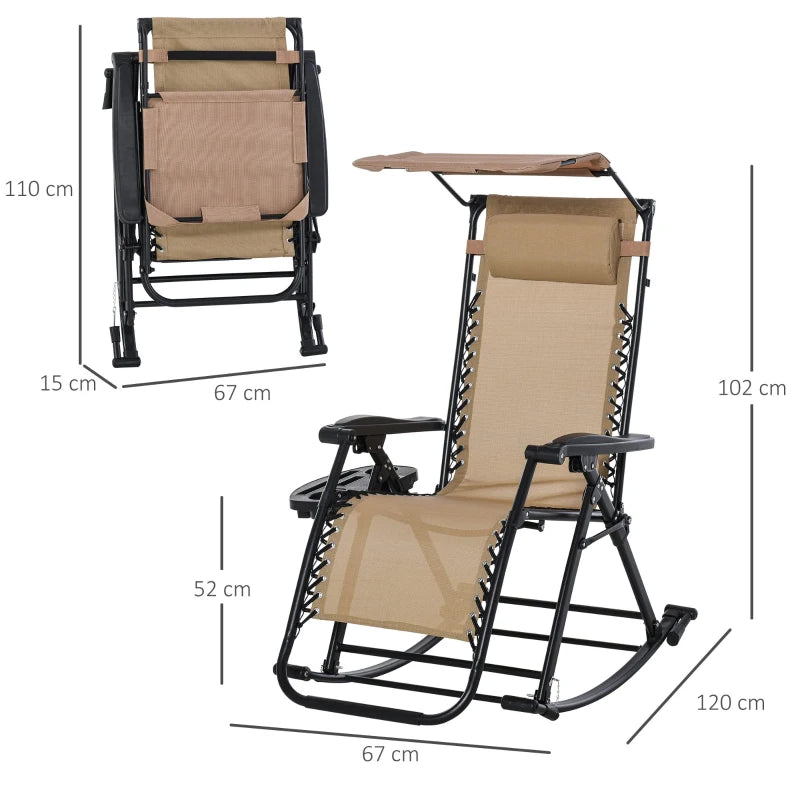 Beige Folding Rocking Sun Lounger Chair with Headrest and Side Holder