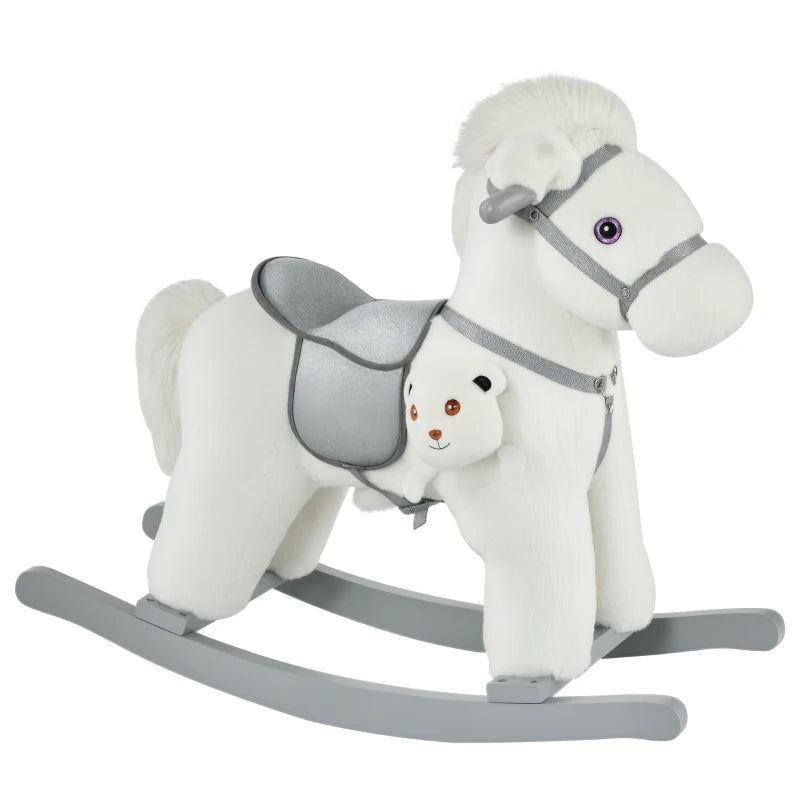Kids Plush Ride-On Rocking Horse Toy with Realistic Sounds - Soft Plush Rocker for Toddlers 18-36 Months - White