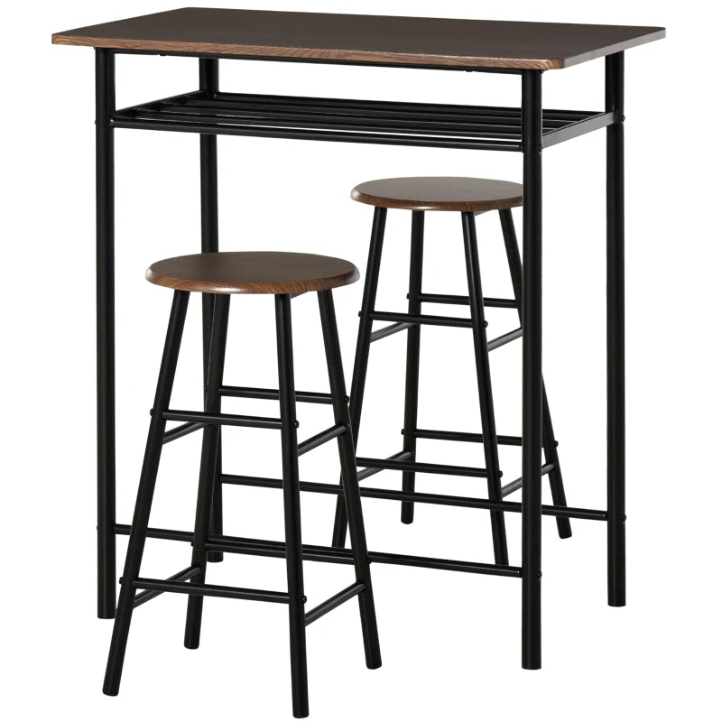 Stylish Black and Oak Bar Table Set with Stools, Footrest & Storage Shelf for Kitchen, Dining Room, Pub, Cafe