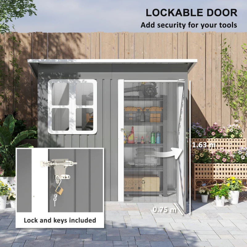 7ft x 4ft Grey Galvanised Steel Garden Shed with Lock and Gloves