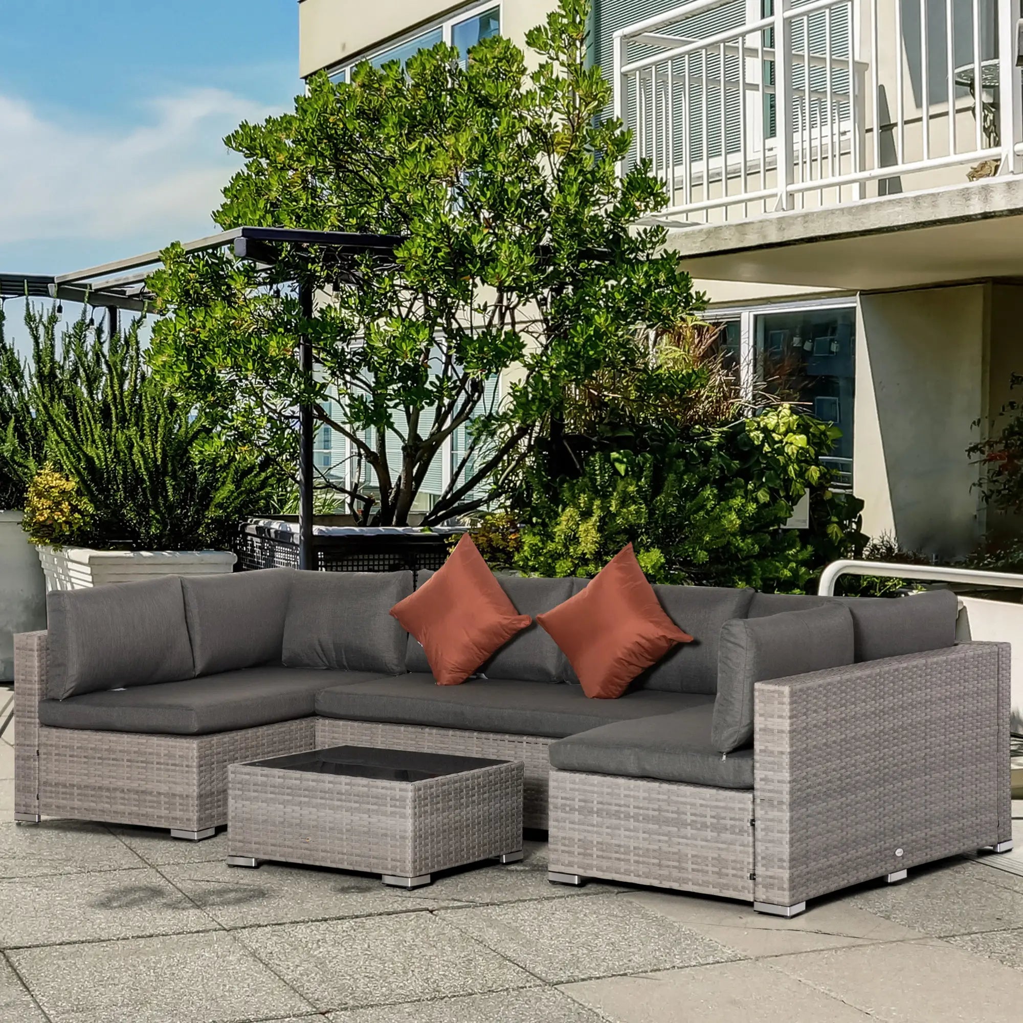 Grey Four-Piece 6 Seater Rattan Corner Sofa Set With Red Cushions