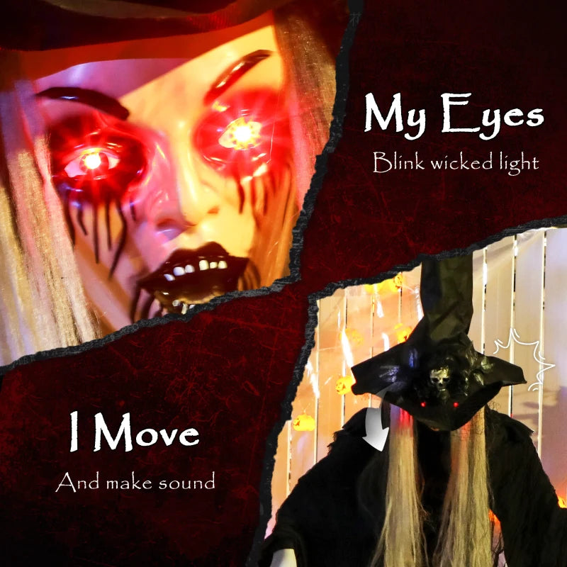 170 cm Animated Life Size Witch with Glowing LED Eyes - Spooky Halloween Decoration, Battery Operated Indoor Party Prop