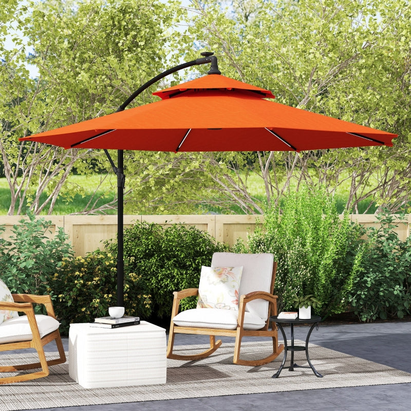 3m Orange LED Lighted Patio Umbrella - Overhanging Garden Parasol for Outdoor Use