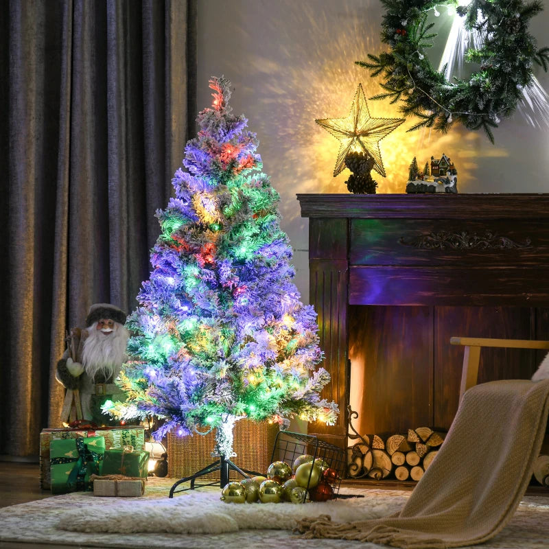 4.5' Artificial Snow Christmas Tree with Frosted Branches & LED Lights - Warm White or Colorful, Sturdy Steel Base