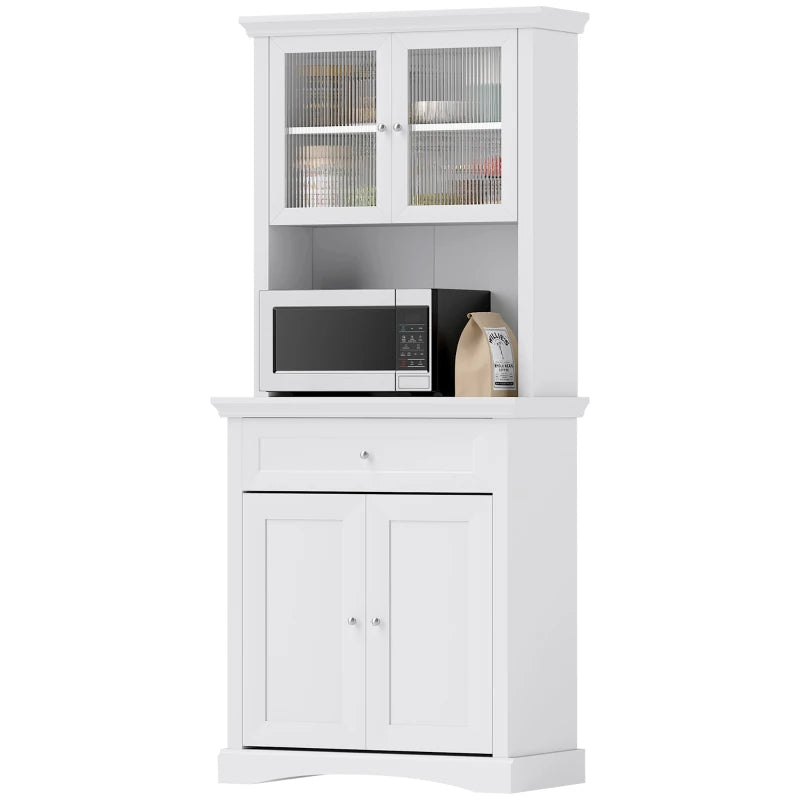 4-Door White Kitchen Cupboard with Drawer, Glass Doors, Adjustable Shelves & Open Counter - Freestanding Storage Cabinet