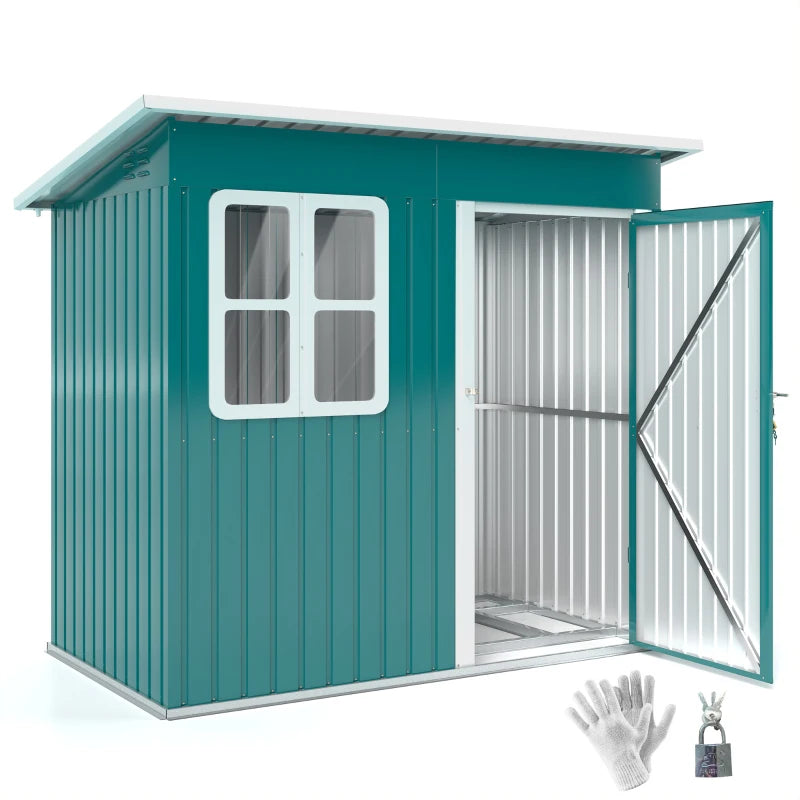7ft x 4ft Green Galvanised Steel Garden Shed with Lock and Gloves