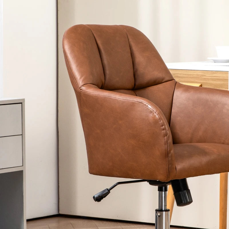 Stylish Brown Faux Leather Tub Office Chair with Wheels - Comfortable Ergonomic Design for Home or Office Use