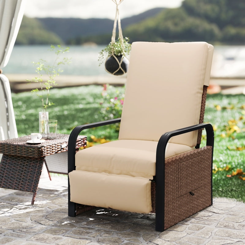 140° Reclining Rattan Armchair - Brown and Khaki Outdoor Lounge Chair for Comfort