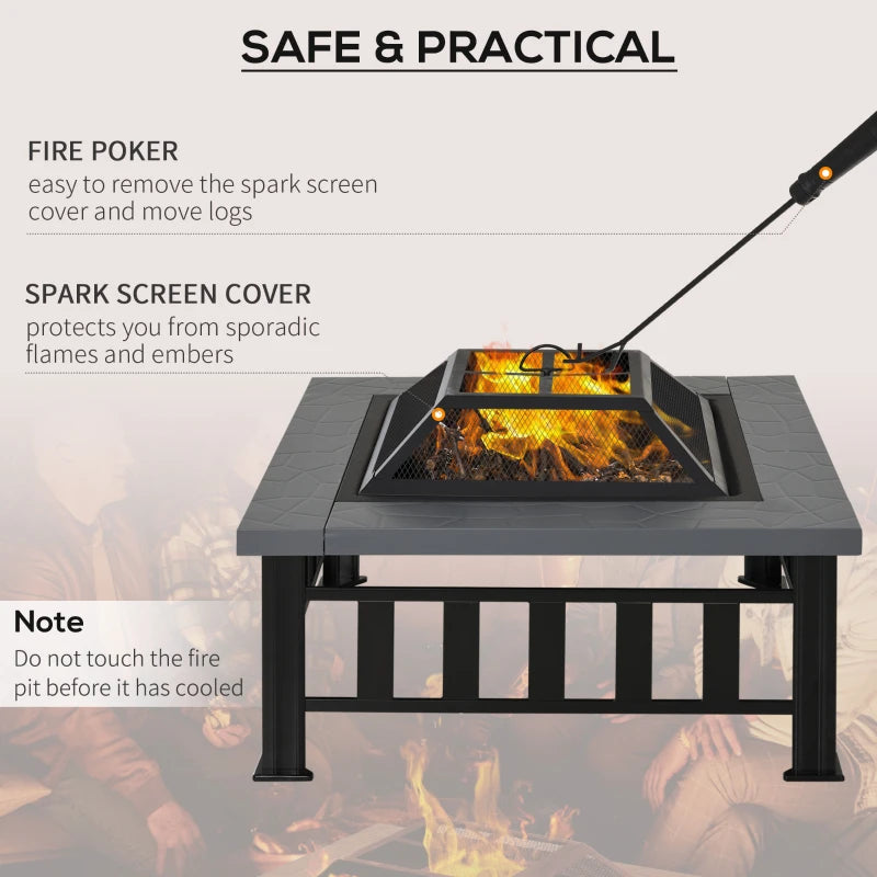 Large Square Metal Fire Pit with Cover & Grate - Outdoor BBQ Bonfire Stove for Backyard & Camping, 86x86cm, Black