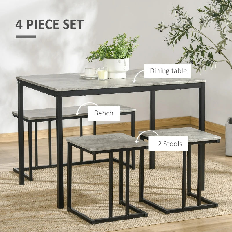 Concrete Effect Dining Table and Chairs Set for 4 - Stylish Kitchen Bench Set with Steel Frame, Grey 4-Piece Dining Room Furniture