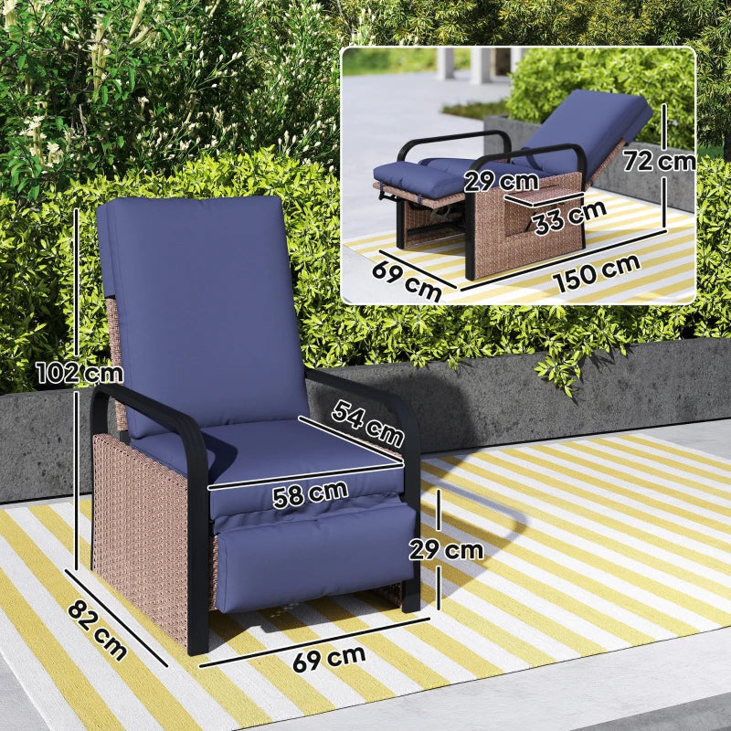140° Reclining Rattan Armchair - Comfortable Brown and Blue Outdoor Lounge Chair