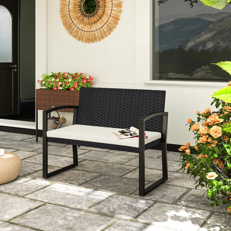 Two-Seater Rattan Garden Bench - Beige and Black - Outdoor Patio Furniture