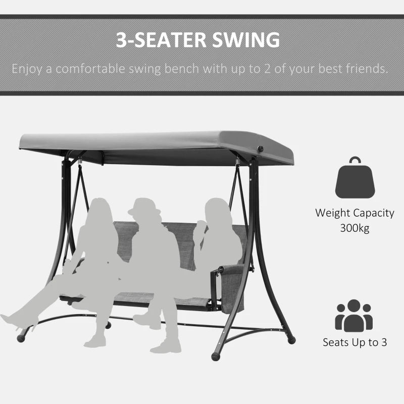 Charcoal Grey 3-Person Outdoor Swing Chair with High Back, Side Pouches, and Canopy