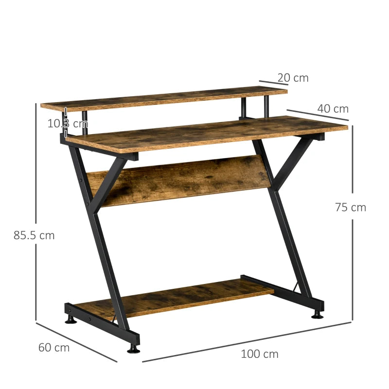 Industrial Computer Desk with Monitor Stand - 100x60cm Compact Home Office Desk for Small Spaces - Rustic Brown Finish