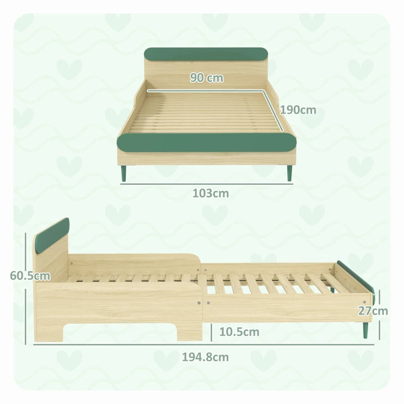 Green Toddler Bed with Safety Rail for Ages 3-10, 195x103x60.5cm - Safe & Stylish Kids' Sleep Solution