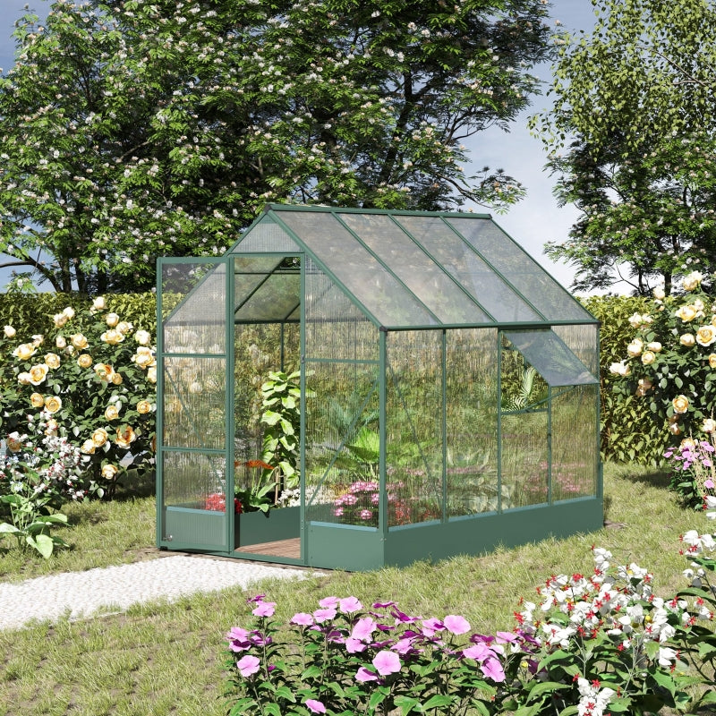Green 6ft x 8ft Polycarbonate Greenhouse With Aluminium Frame and Temperature Controlled Window and Foundation