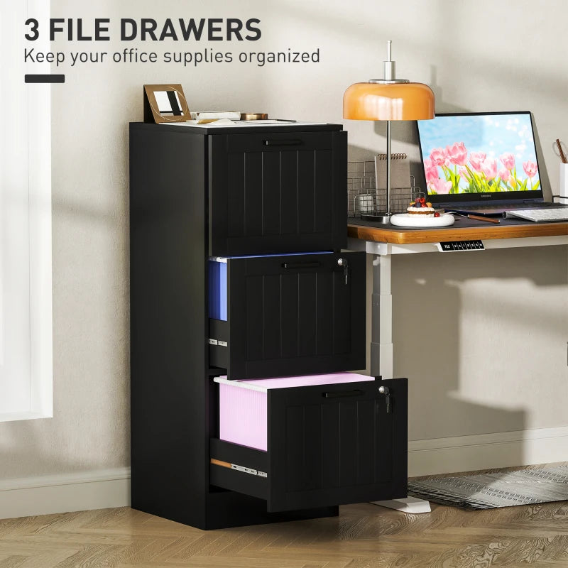 Secure 3 Drawer Filing Cabinet with Lock - Adjustable Hanging Bars for A4 Files - Stylish Black Office Storage Solution