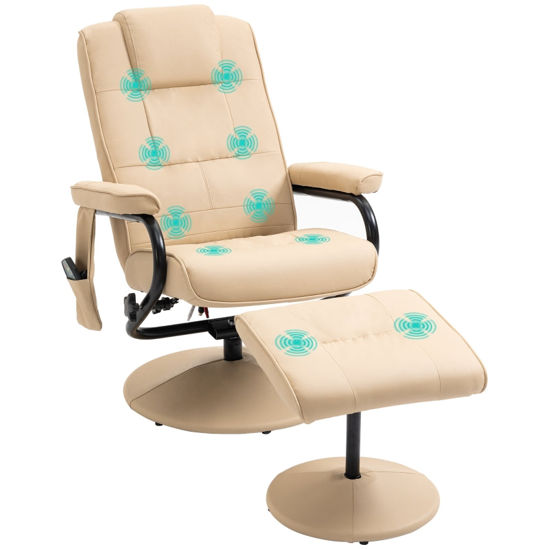 Cream PU Leather Reclining Armchair with Massage Function and Ottoman - Manual Sofa Chair