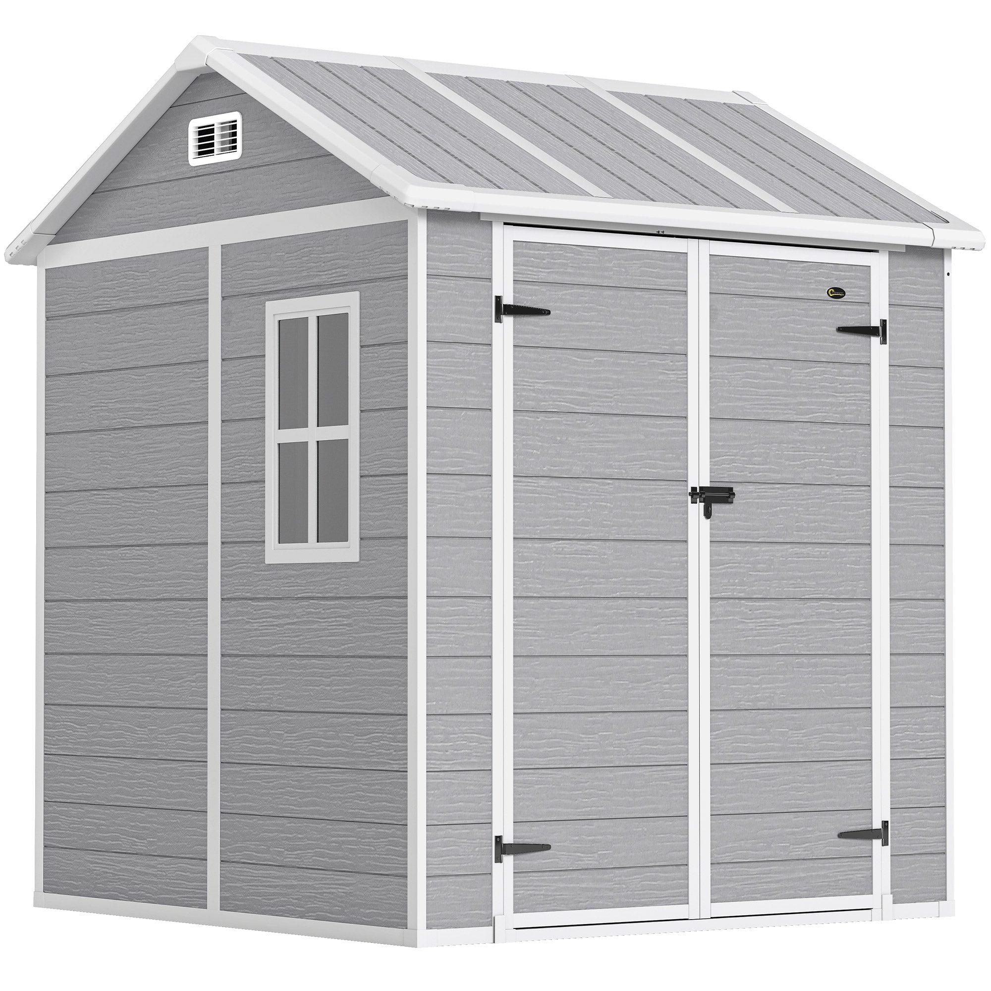 6ft x 6ft Garden Shed with Floor, Windows, Lockable Doors and Vents - Wood Effect Resin Tool Shed for Outdoor Patios
