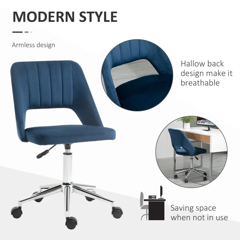 Vinsetto Dark Blue Velvet-Feel Armless Office Chair - Stylish Ergonomic Design for Home & Office Use